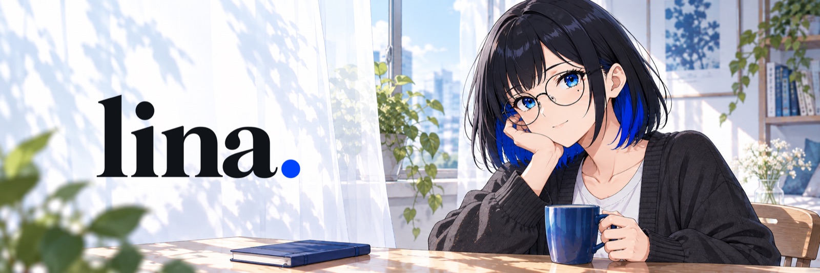 LINA, sitting at a sunny table with a blue mug
